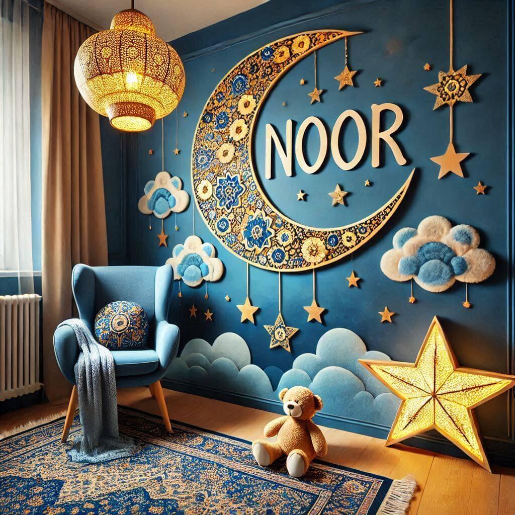 Chambre de bébé étoilée avec le prénom Noor en décoration sur un mur bleu nuit, ciel de lit, tapis étoile et fauteuil oriental