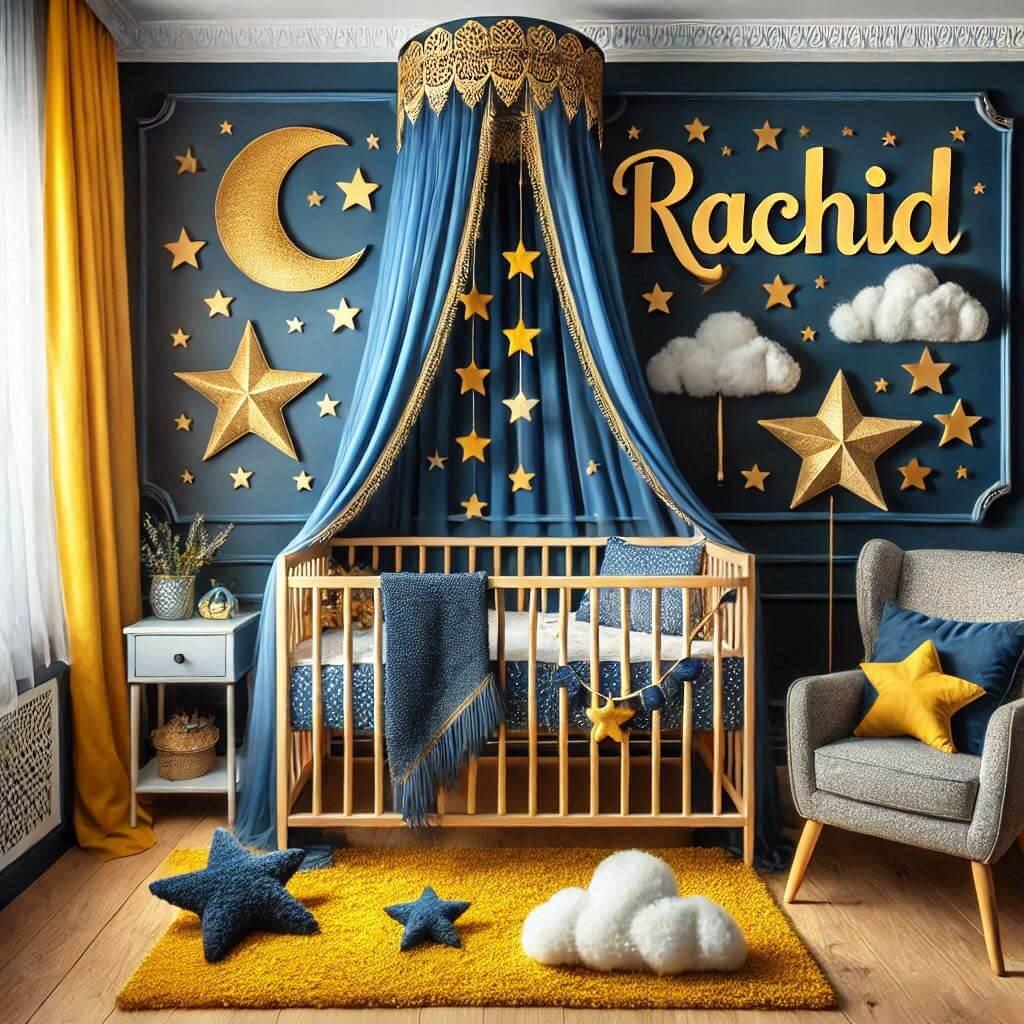 Une chambre de bebe sur le theme ciel etoile avec le prenom rachid ecrit en decoration sur le mur couleur bleu nuit jaune tapis etoile ciel de lit peluche nuage avec un fauteuil el