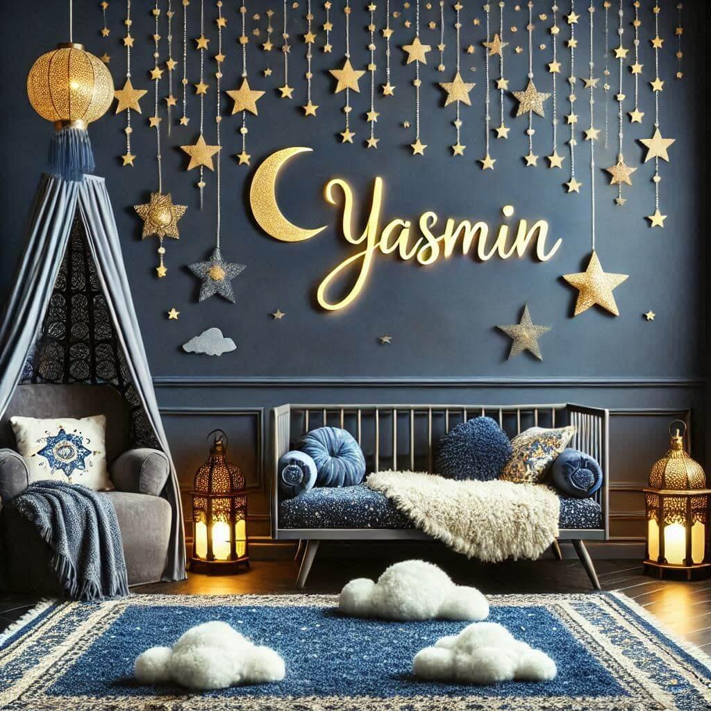 Chambre de bébé sur le thème ciel étoilé avec le prénom Yasmin en décoration murale.