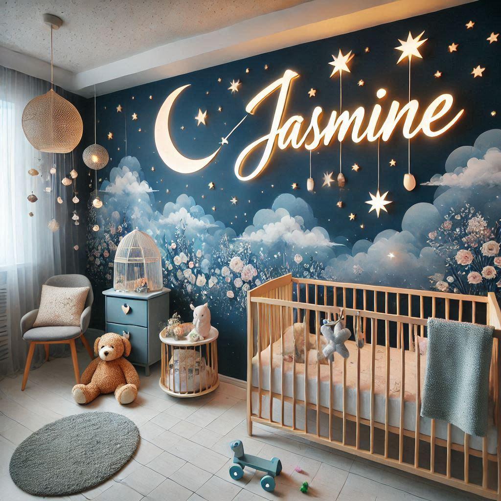 Une chambre de bebe sur le theme ciel etoile et le prenom jasmine ecrit en decoration sur le mur 1