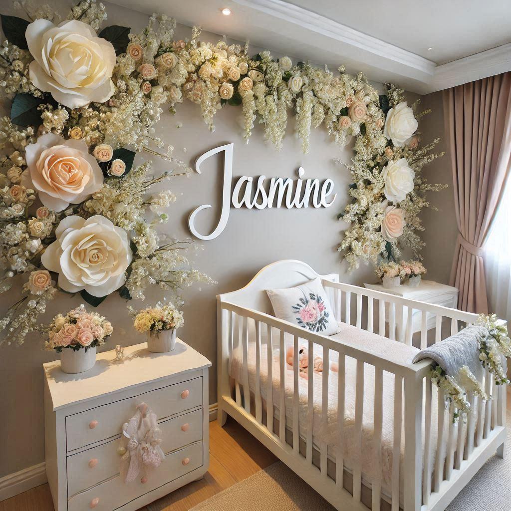 Une chambre de bebe sur le theme floral avec des roses blanches et des roses claires et le prenom jasmine ecrit en decoration sur le mur