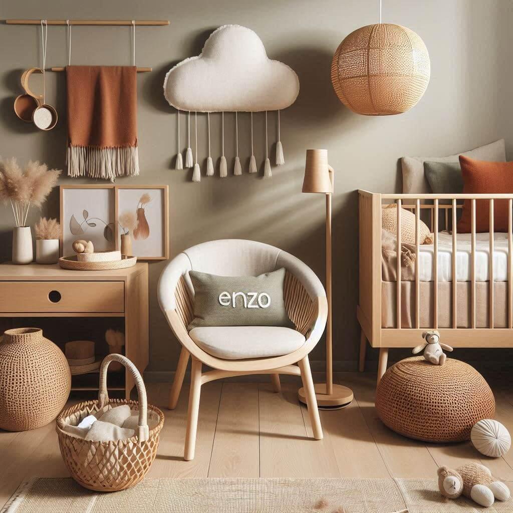 Une chambre de bebe tendance en 2025 allie douceur naturel et modernite avec une palette apaisante de beige vert sauge et terracotta elle integre des meubles en bois clair au desig