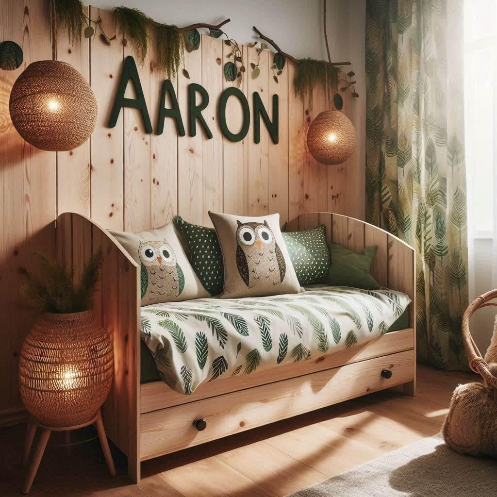 Une chambre de enfant avec le mot aaron ecrit en anglais sur le coussin avec un lit cabane sur le theme de la foret les draps et les rideaux sont des motifs de feuilles de hibou la