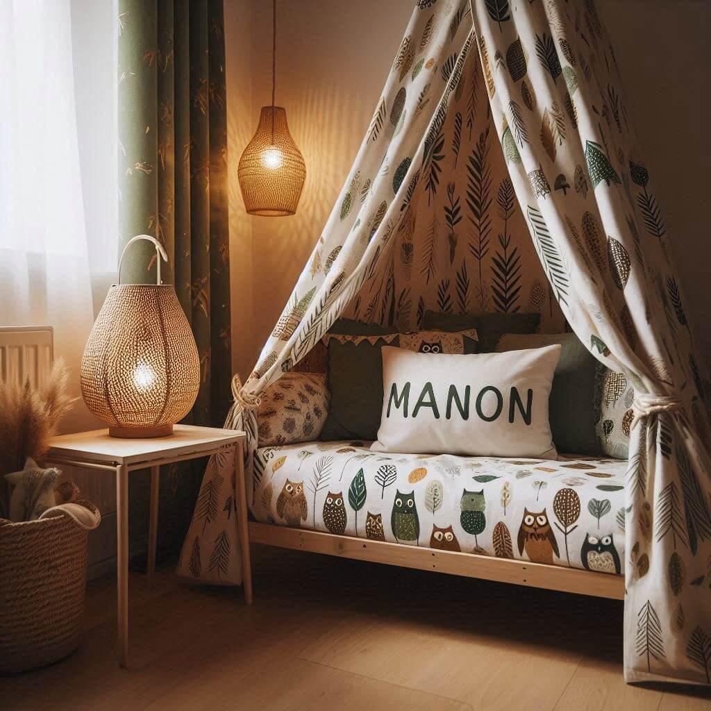 Une chambre de enfant avec le mot manon ecrit en anglais sur le coussin avec un lit cabane sur le theme de la foret les draps et les rideaux sont des motifs de feuilles de hibou la