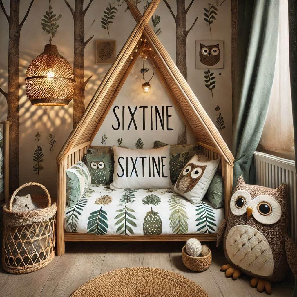 Une chambre de enfant avec le mot sixtine ecrit en anglais sur le coussin avec un lit cabane sur le theme de la foret les draps et les rideaux sont des motifs de feuilles de hibou