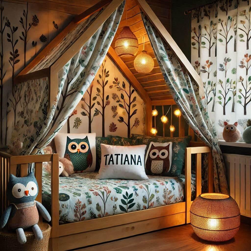 Une chambre de enfant avec le mot tatiana sur le coussin avec un lit cabane sur le theme de la foret avec le prenom tatiana