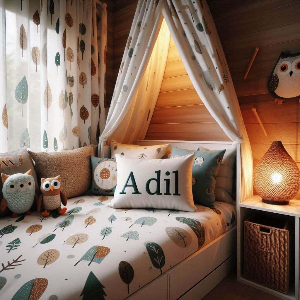 Chambre enfant avec prénom Adil brodé sur coussin, lit cabane thème forêt, draps et rideaux avec motifs de feuilles et hibou, lampe en rotin tamisée et peluche hibou