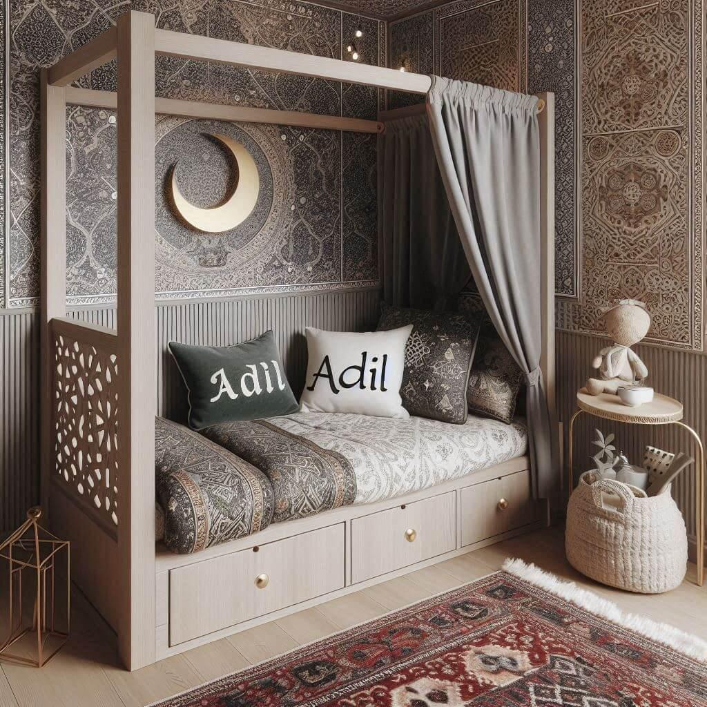 Une chambre de enfant avec le prenom adil brode sur le coussin avec un lit cabane sur le theme oriental moderne 1