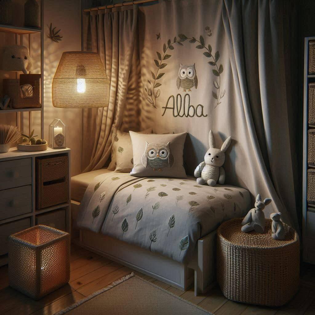 Une chambre de enfant avec le prenom alba brode sur le coussin un lit simple tres bas des draps et des rideaux avec des motifs de feuilles et de hibou une lampe en rotin tamisee al