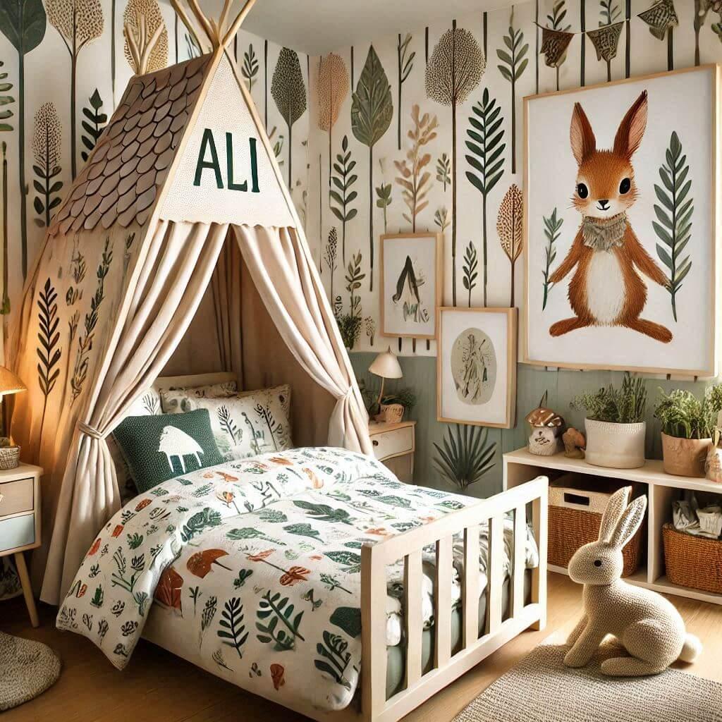 Une chambre de enfant avec le prenom ali avec un lit cabane sur le theme de la foret les draps et les rideaux sont des motifs de feuilles de cerf de lapin 1