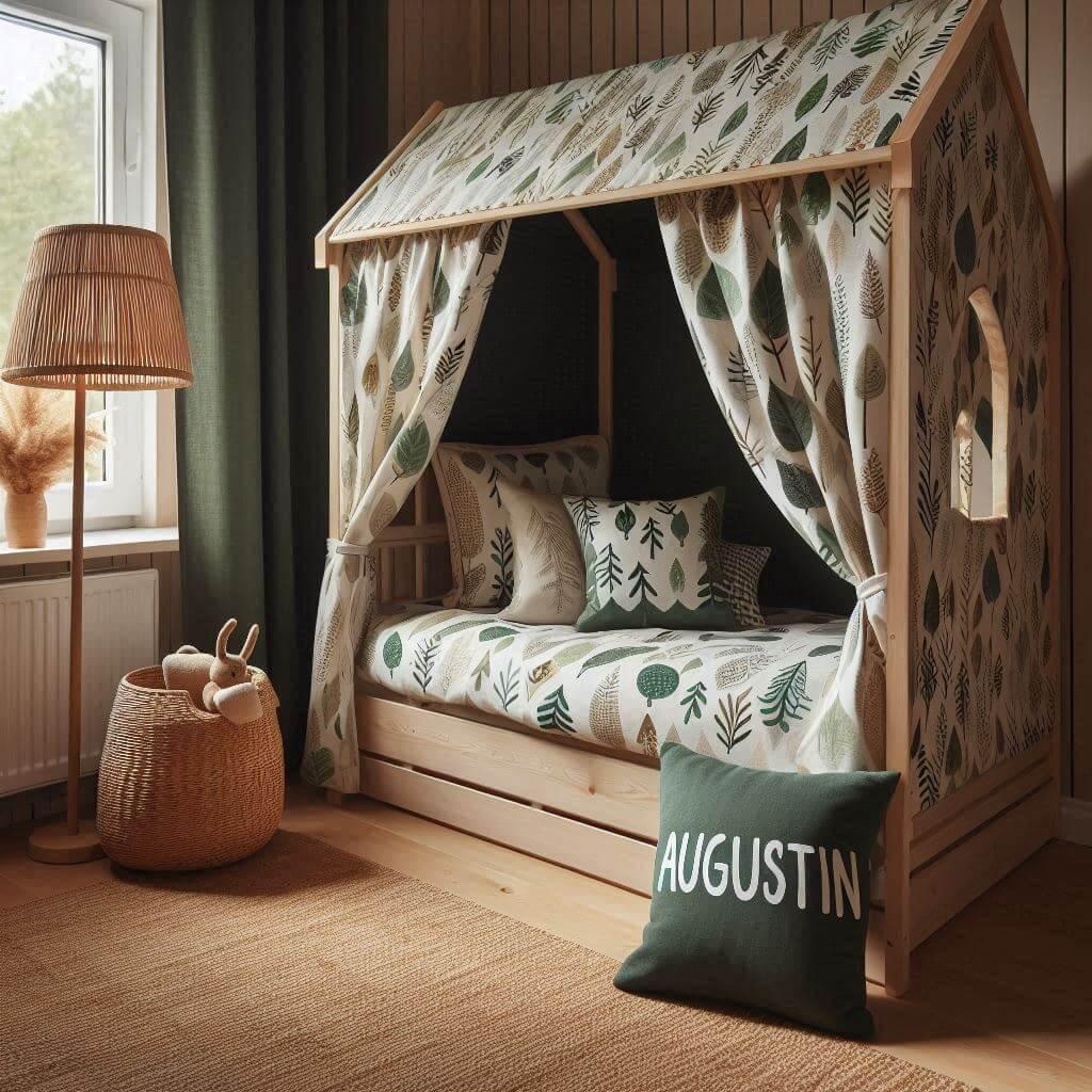 Une chambre de enfant avec le prenom augustin ecrit sur le coussin avec un lit cabane sur le theme de la foret les draps et les rideaux sont des motifs de feuilles de facon lampe e