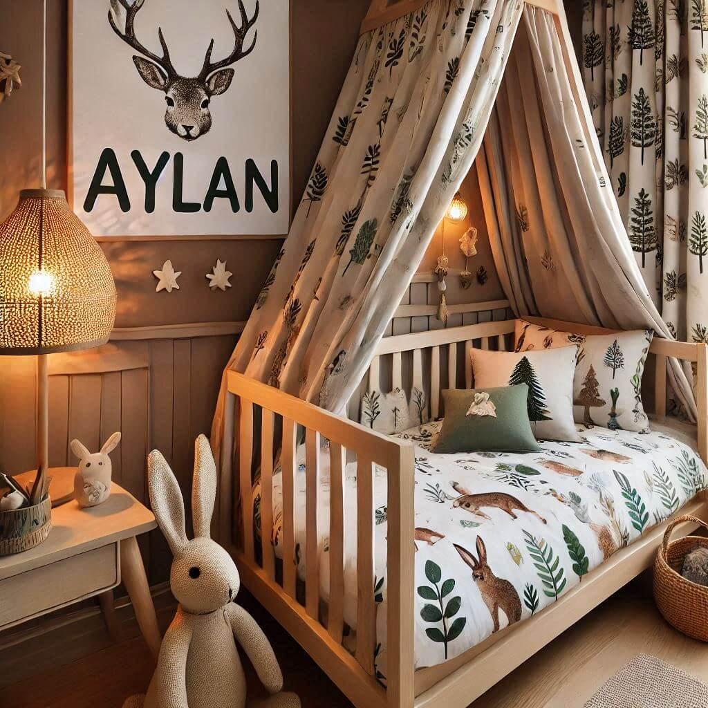 Une chambre de enfant avec le prenom aylan avec un lit cabane sur le theme de la foret les draps et les rideaux sont des motifs de feuilles de cerf de lapin lampe en rotin allumee