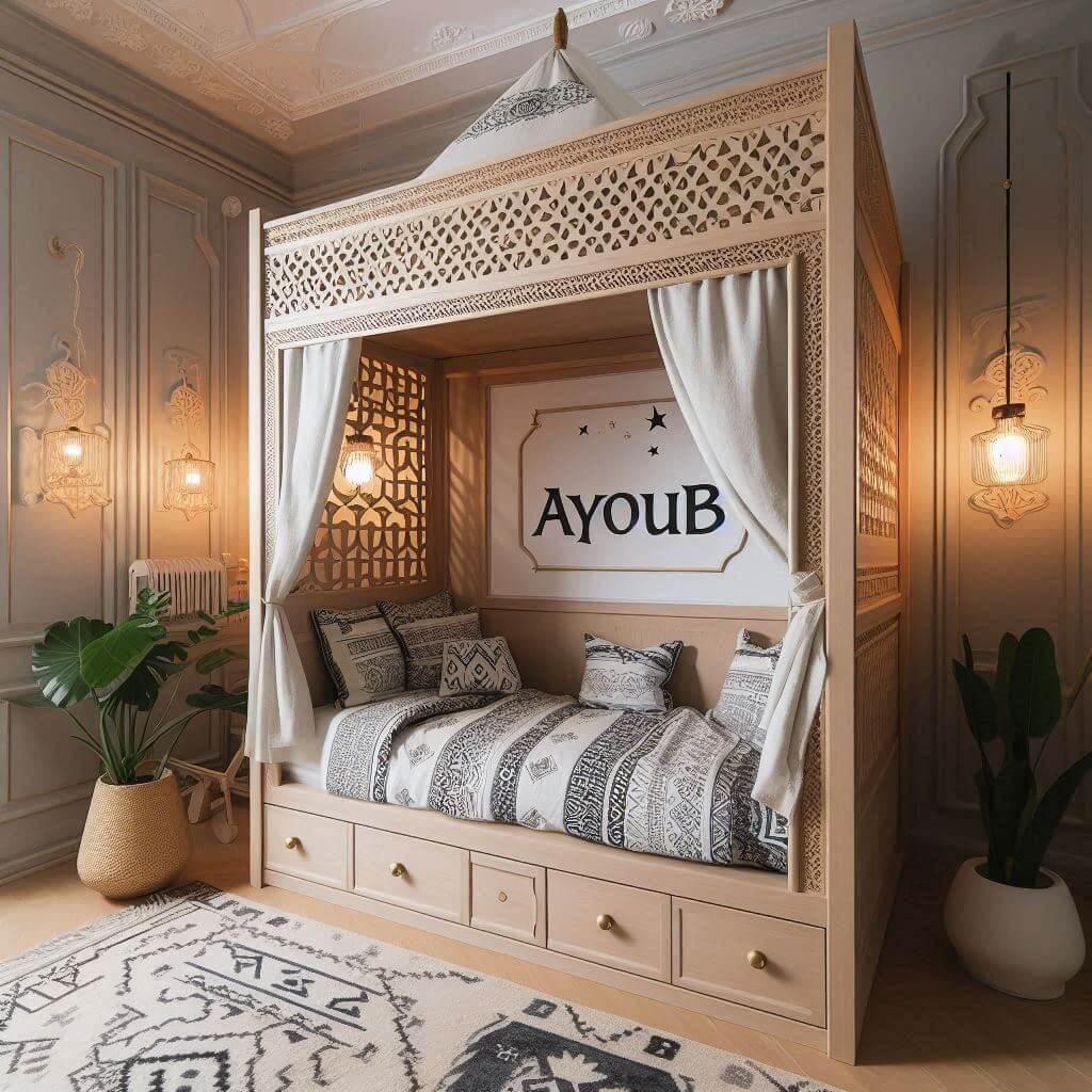 Une chambre de enfant avec le prenom ayoub brode sur le coussin avec un lit cabane sur le theme oriental moderne 1 1