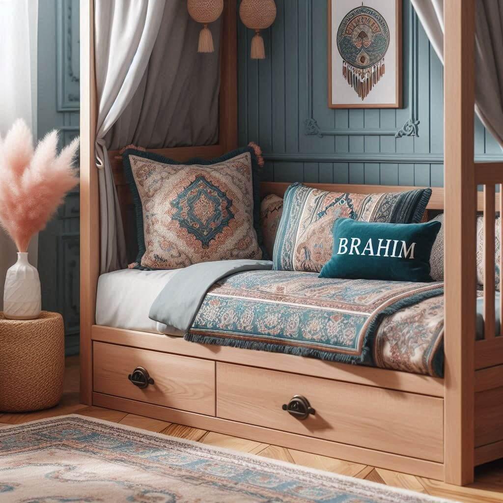 Une chambre de enfant avec le prenom brahim brode sur le coussin avec un lit cabane sur le theme oriental 1