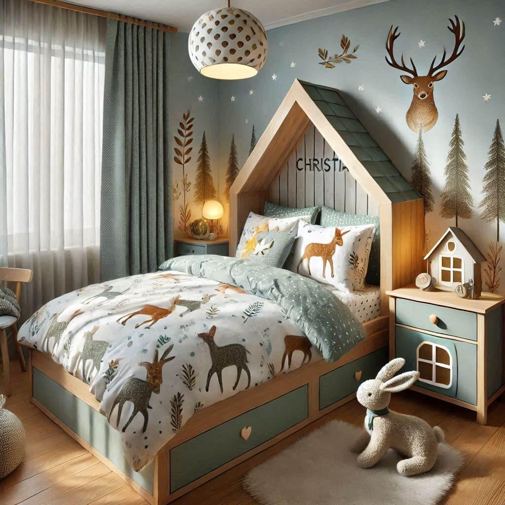 Une chambre de enfant avec le prenom christian avec un lit cabane sur le theme de la foret les draps et les rideaux sont des motifs de feuilles de cerf de lapin