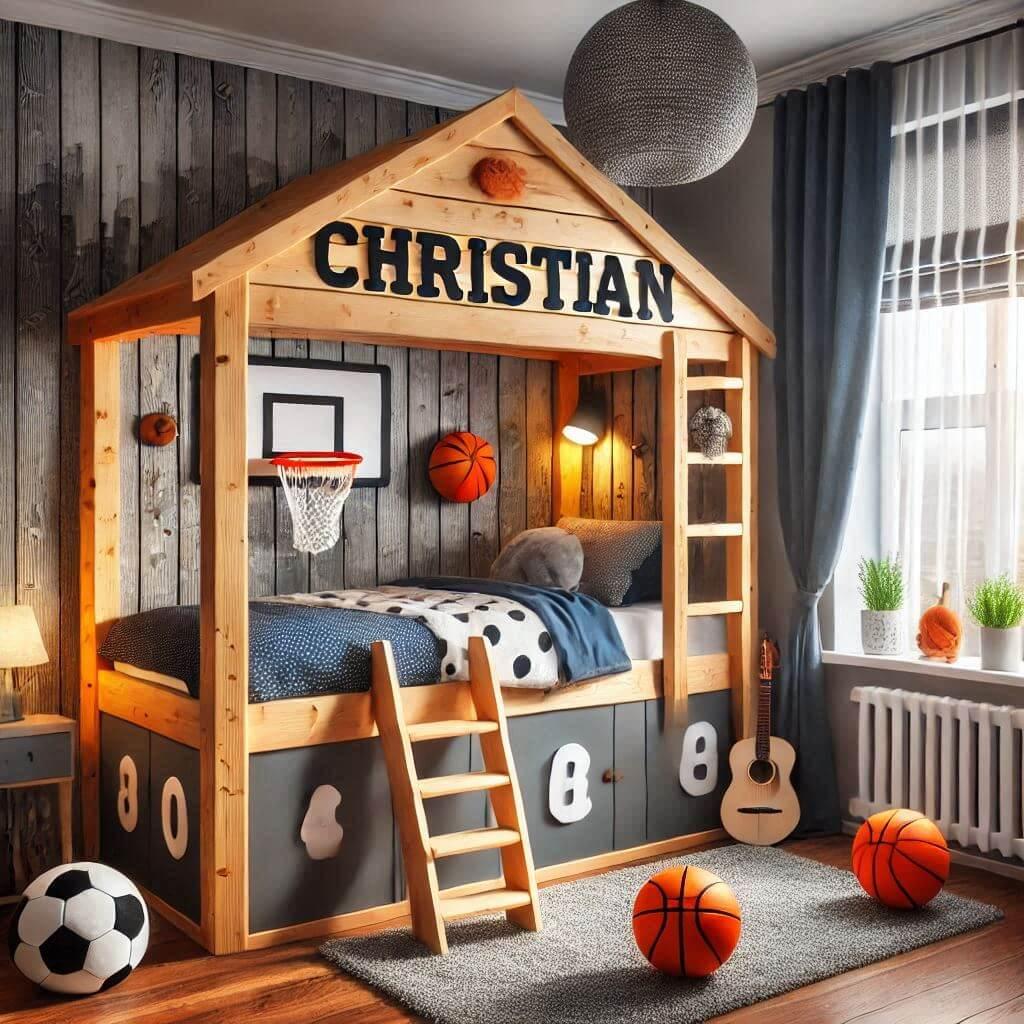 Une chambre de enfant avec le prenom christian avec un lit cabane sur le theme du basket 1