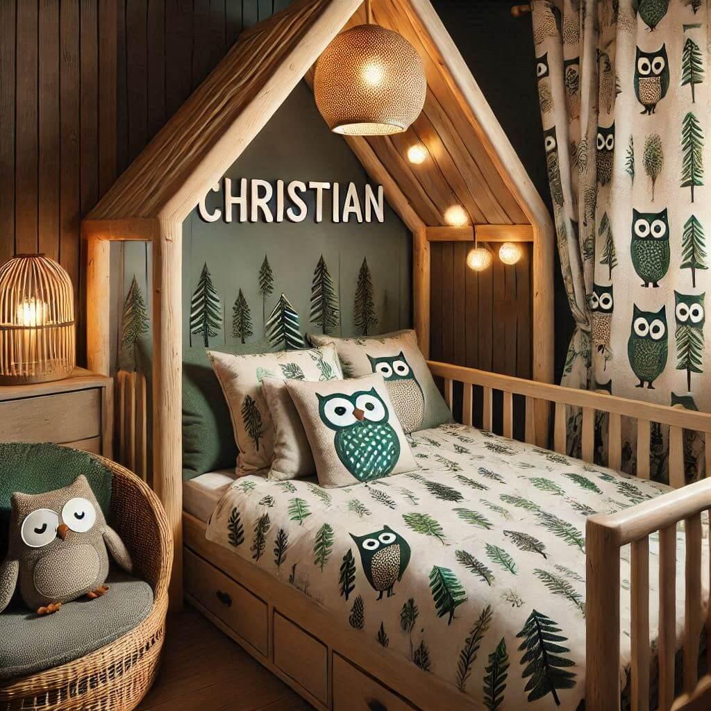 Une chambre de enfant avec le prenom christian ecrit sur le coussin avec un lit cabane sur le theme de la foret les draps et les rideaux sont des motifs de feuilles de hibou lampe