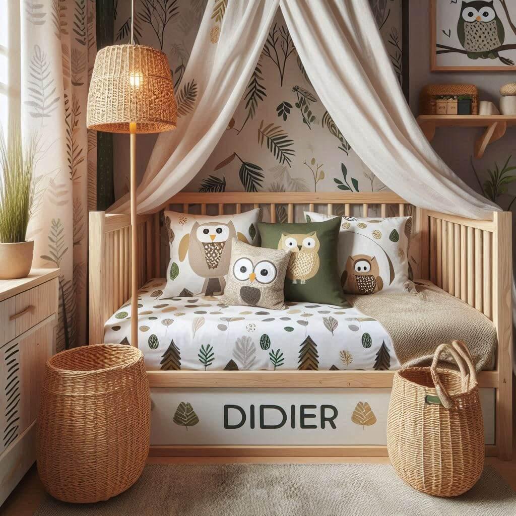 Une chambre de enfant avec le prenom didier ecrit sur le coussin avec un lit cabane sur le theme de la foret les draps et les rideaux sont des motifs de feuilles de hibou lampe en