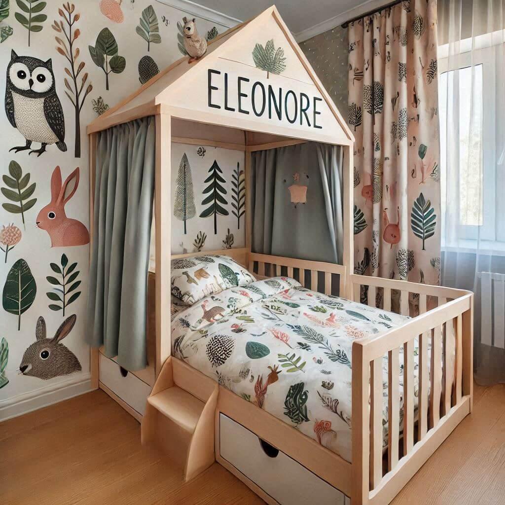 Une chambre de enfant avec le prenom eleonore avec un lit cabane sur le theme de la foret les draps et les rideaux sont des motifs de feuilles de lapin de hibou