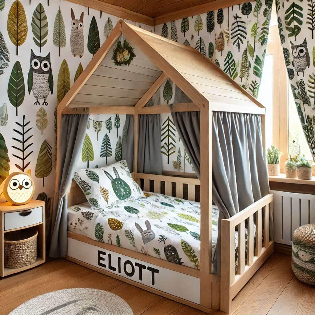 Une chambre de enfant avec le prenom eliott avec un lit cabane sur le theme de la foret les draps et les rideaux sont des motifs de feuilles de lapin de hibou