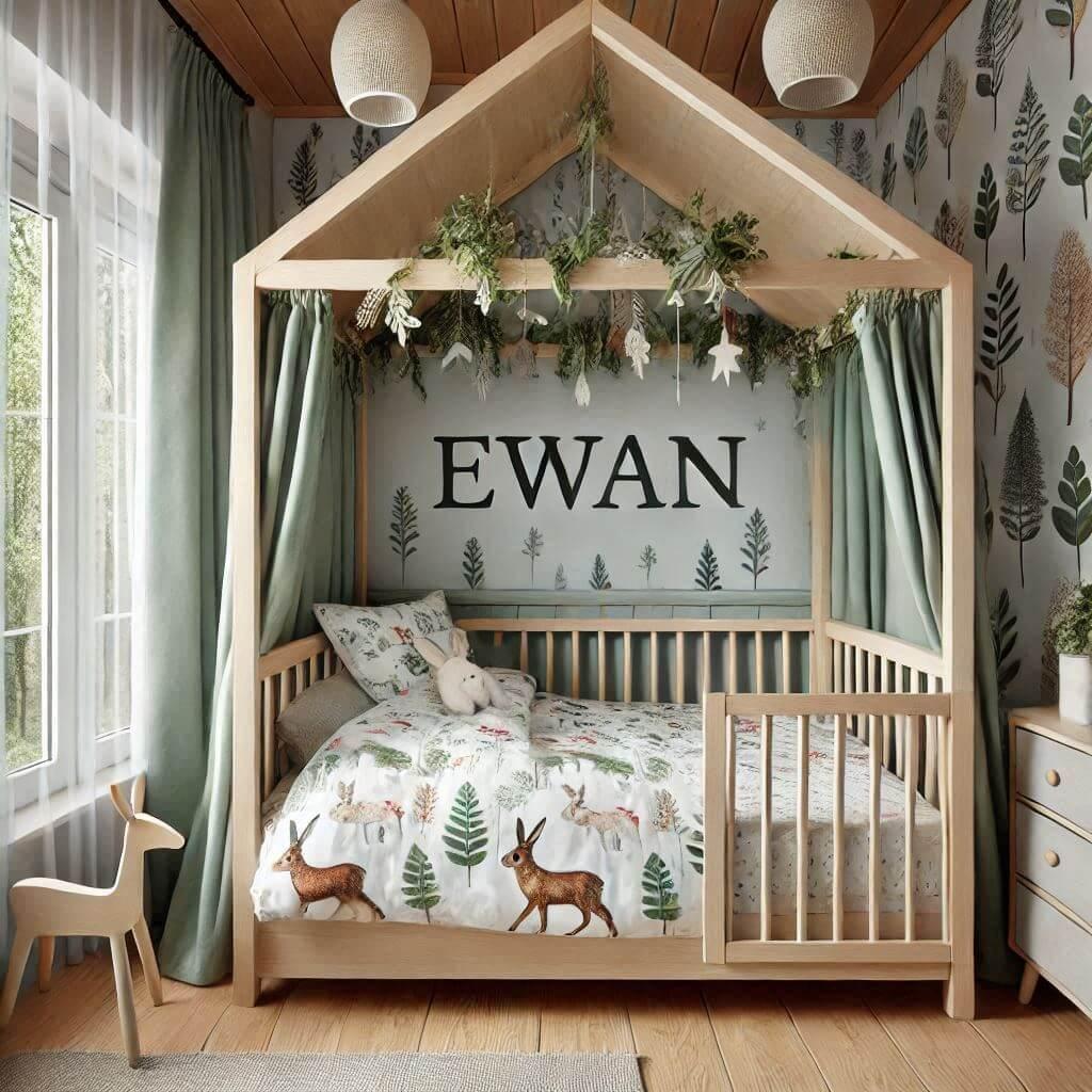 Une chambre de enfant avec le prenom ewan avec un lit cabane sur le theme de la foret les draps et les rideaux sont des motifs de feuilles de cerf de lapin 1