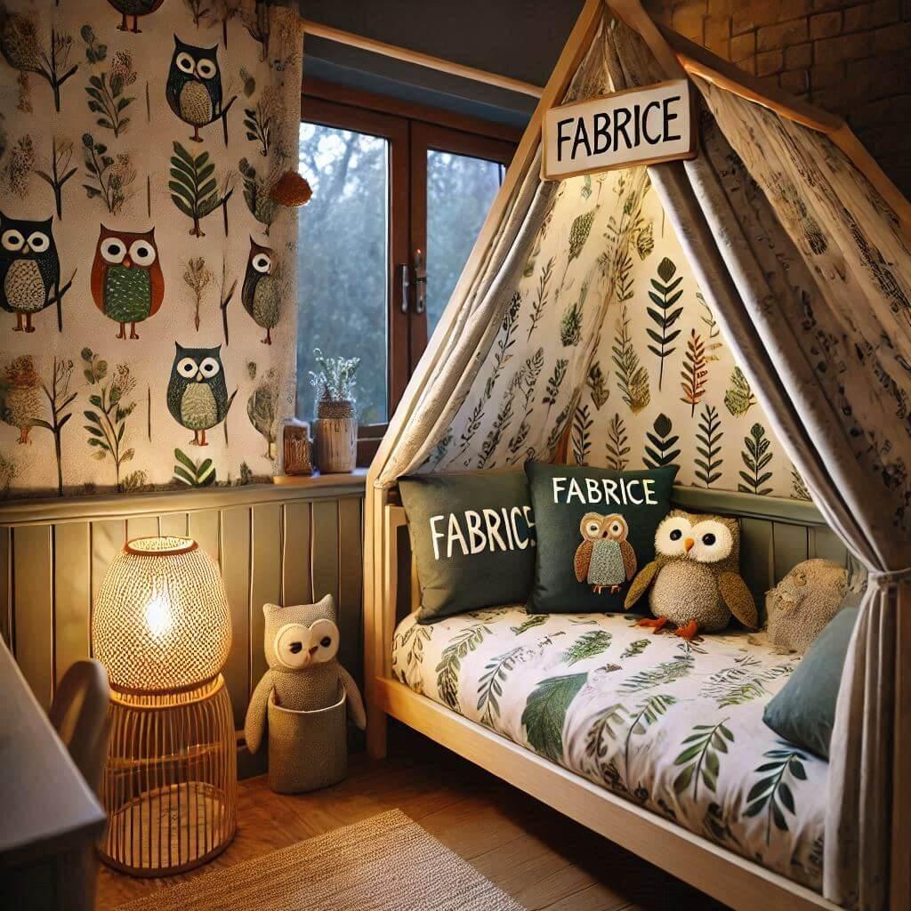 Une chambre de enfant avec le prenom fabrice ecrit sur le coussin avec un lit cabane sur le theme de la foret les draps et les rideaux sont des motifs de feuilles de hibou lampe en