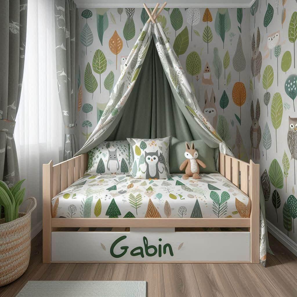 Une chambre de enfant avec le prenom gabin avec un lit cabane sur le theme de la foret les draps et les rideaux sont des motifs de feuilles de lapin de hibou