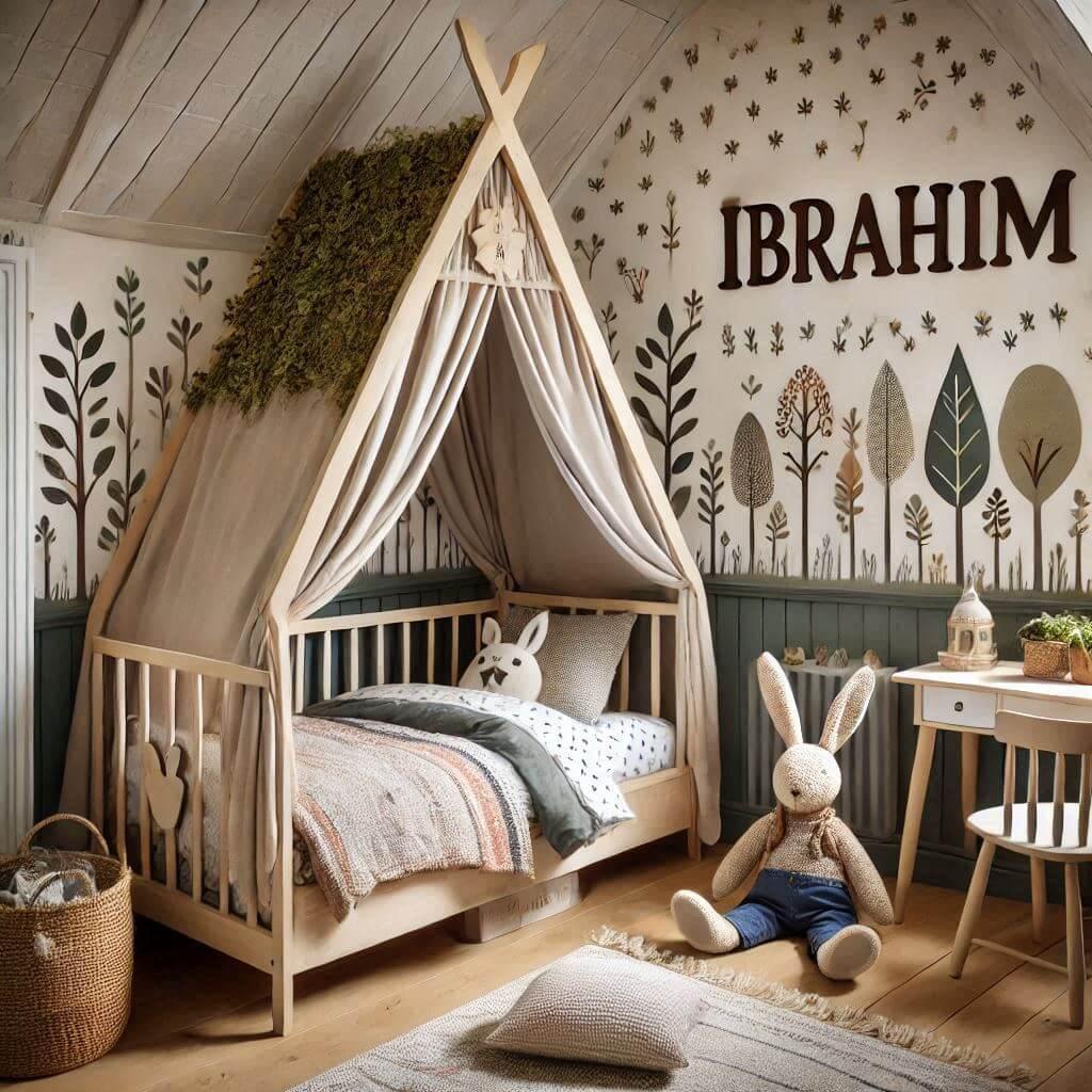 Une chambre de enfant avec le prenom ibrahim avec un lit cabane sur le theme de la foret les draps et les rideaux sont des motifs de feuilles de cerf de lapin 3