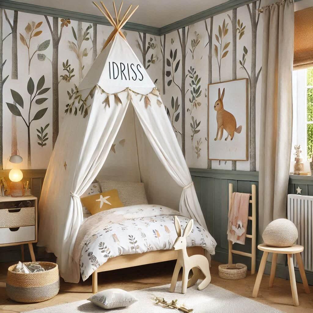 Une chambre de enfant avec le prenom idriss avec un lit cabane sur le theme de la foret les draps et les rideaux sont des motifs de feuilles de cerf de lapin