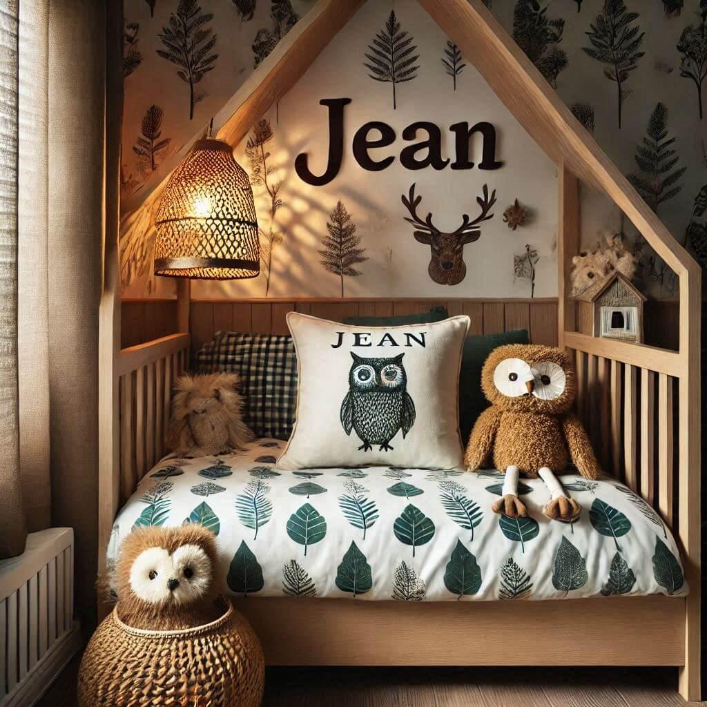 Une chambre de enfant avec le prenom jean ecrit en francais sur le coussin avec un lit cabane sur le theme de la foret les draps et les rideaux sont des motifs de feuilles de hibou