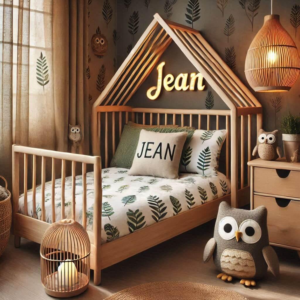 Une chambre de enfant avec le prenom jean ecrit en francais sur le coussin avec un lit cabane sur le theme de la foret les draps et les rideaux sont des motifs de feuilles de hibou