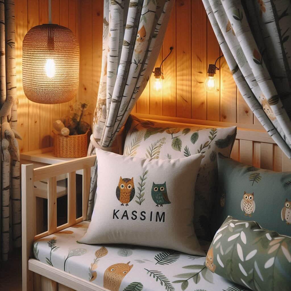 Une chambre de enfant avec le prenom kassim ecrit sur le coussin avec un lit cabane sur le theme de la foret les draps et les rideaux sont des motifs de feuilles de hibou lampe en