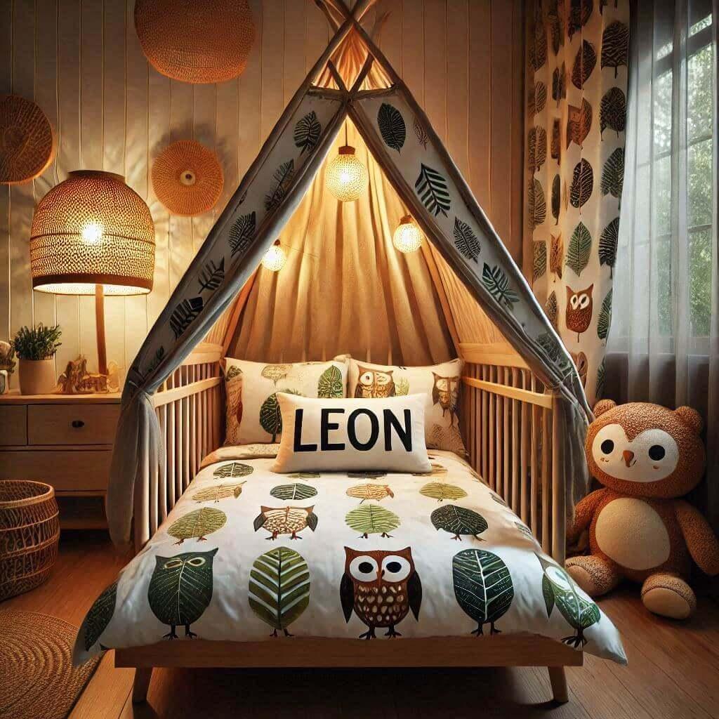 Une chambre de enfant avec le prenom leon ecrit sur le coussin avec un lit cabane sur le theme de la foret les draps et les rideaux sont des motifs de feuilles de hibou lampe en ro