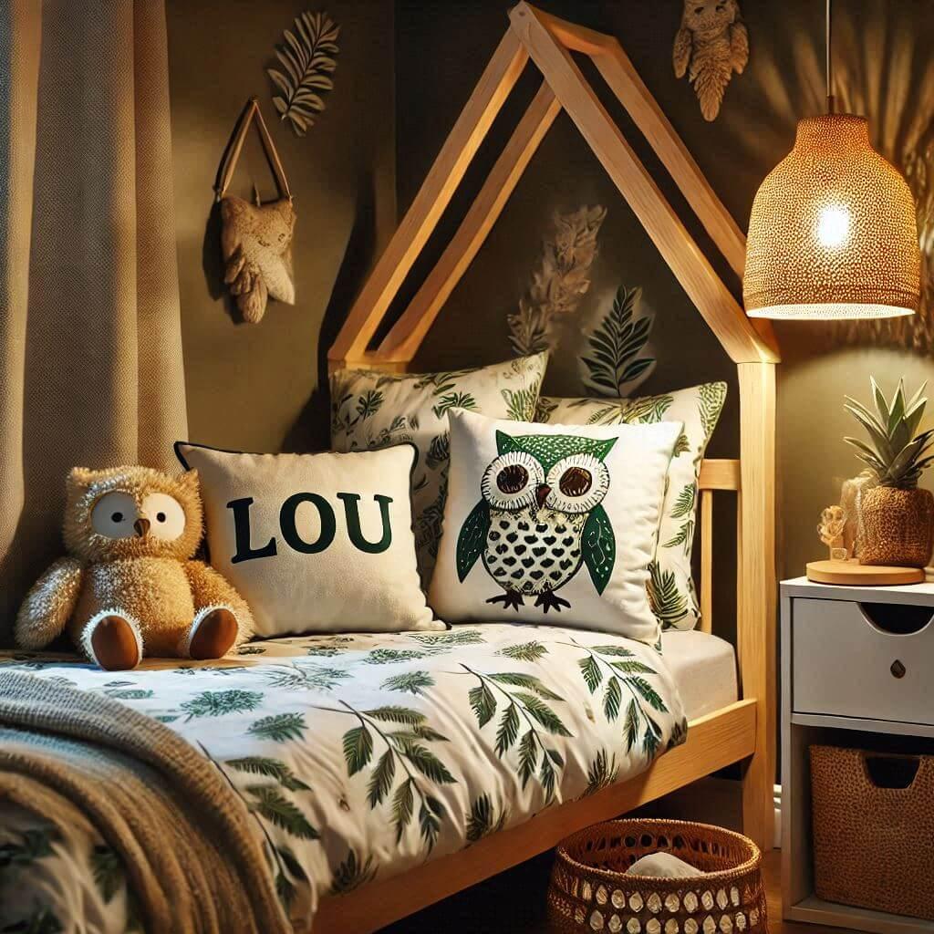 Une chambre de enfant avec le prenom lou ecrit sur le coussin avec un lit cabane sur le theme de la foret les draps et les rideaux sont des motifs de feuilles de hibou lampe en rot