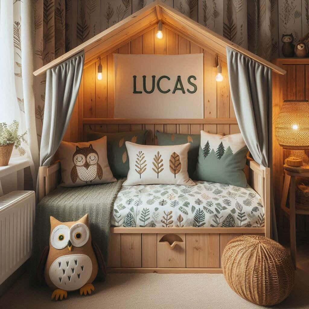 Une chambre de enfant avec le prenom lucas brode sur le coussin avec un lit cabane sur le theme de la foret prenom lucas