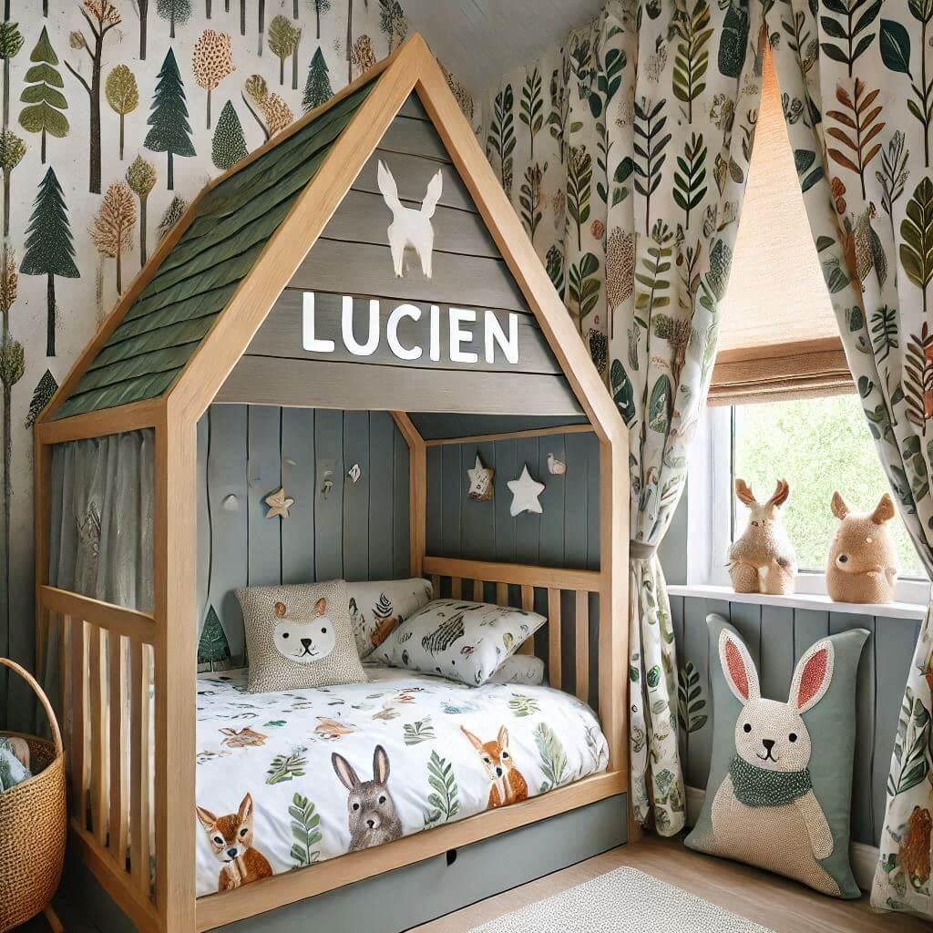 Une chambre de enfant avec le prenom lucien avec un lit cabane sur le theme de la foret les draps et les rideaux sont des motifs de feuilles de cerf de lapin