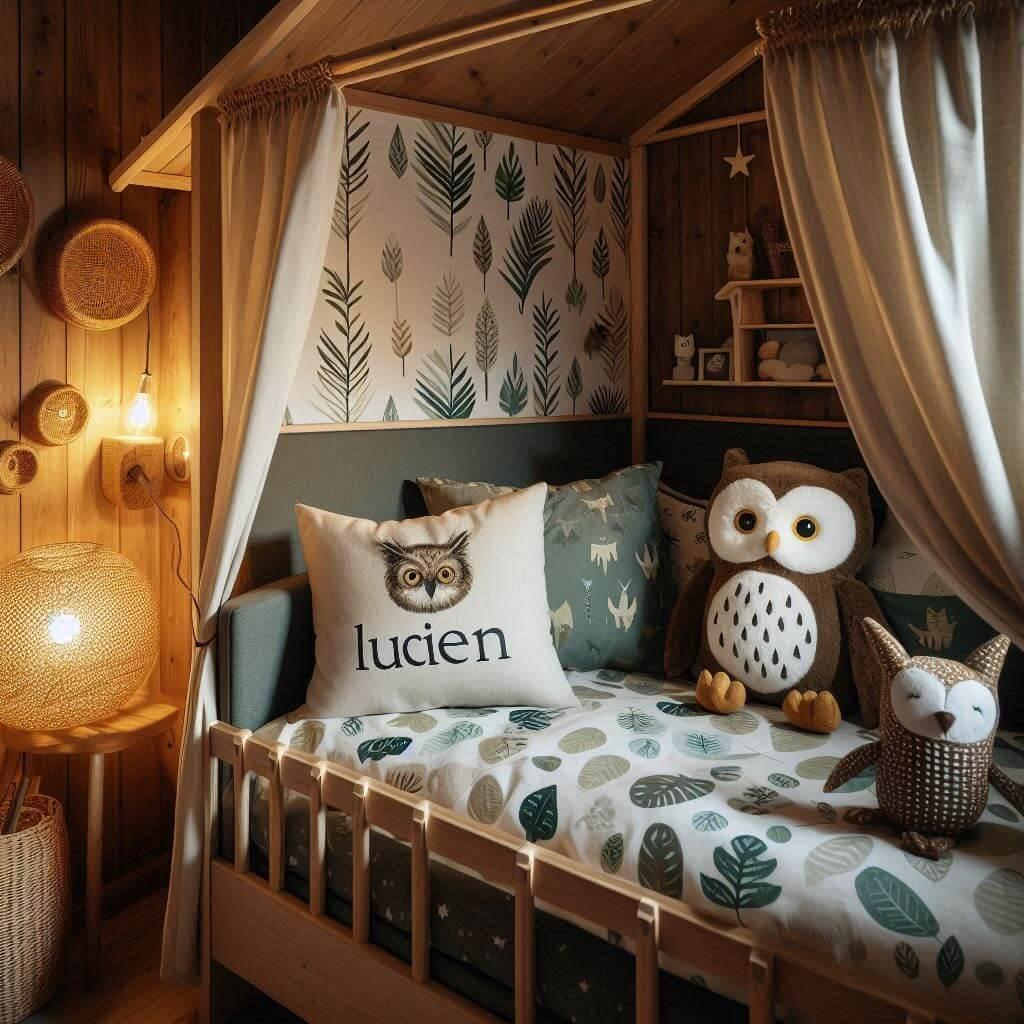 Une chambre de enfant avec le prenom lucien ecrit sur le coussin avec un lit cabane sur le theme de la foret les draps et les rideaux sont des motifs de feuilles de hibou lampe en