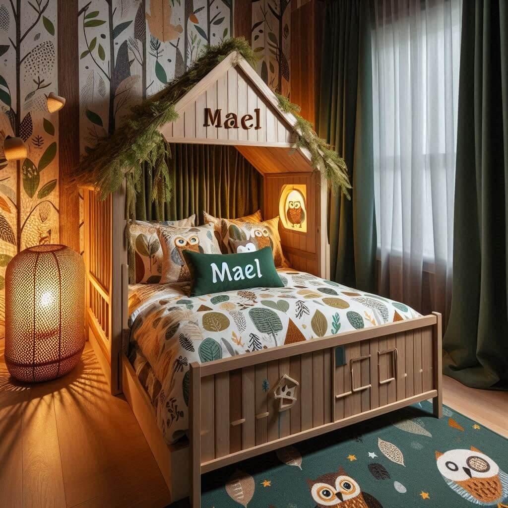 Une chambre de enfant avec le prenom mael ecrit sur le coussin avec un lit cabane sur le theme de la foret les draps et les rideaux sont des motifs de feuilles de hibou lampe en ro