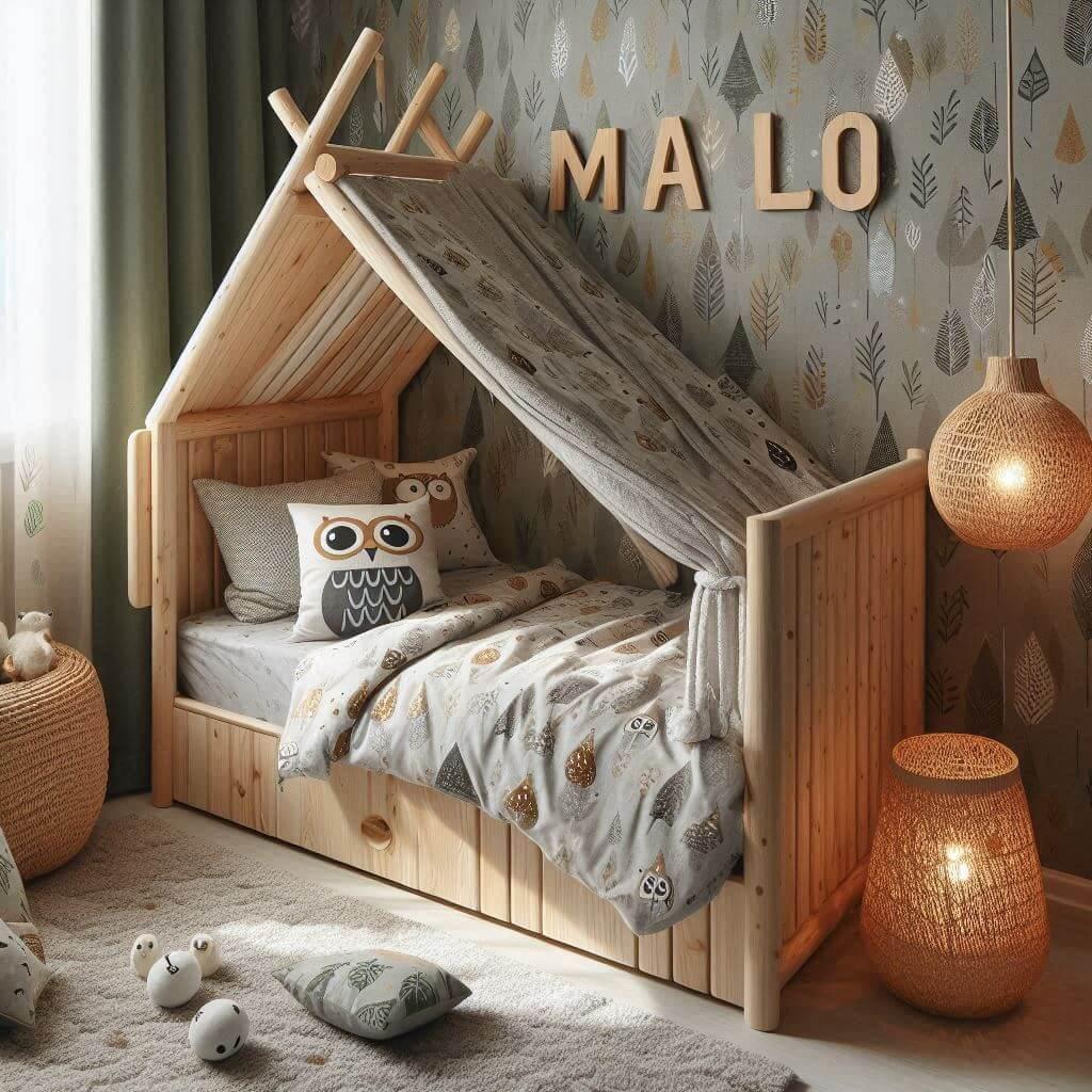 Une chambre de enfant avec le prenom malo ecrit sur le coussin avec un lit cabane sur le theme de la foret les draps et les rideaux sont des motifs de feuilles de hibou lampe en ro