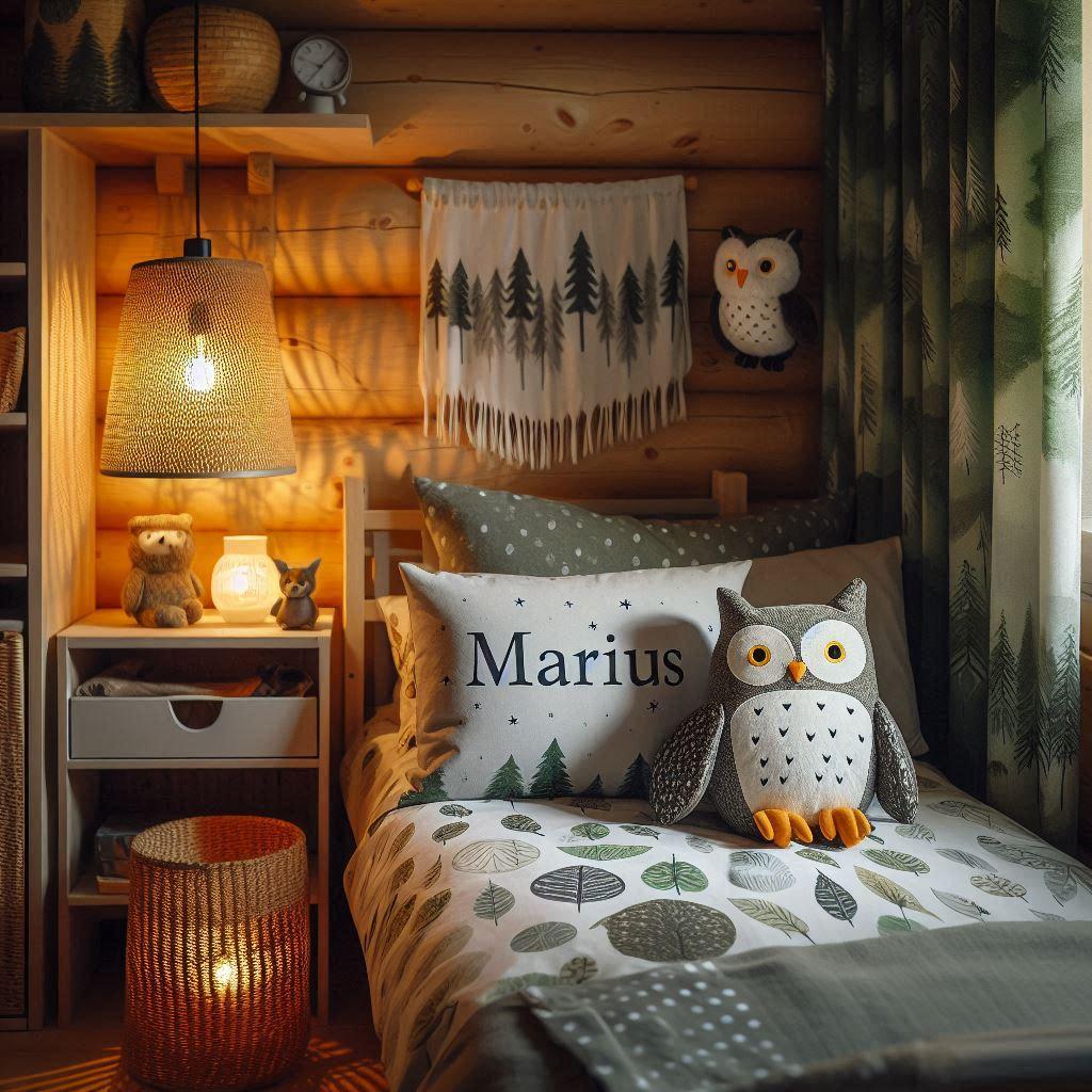 Une chambre de enfant avec le prenom marius ecrit sur le coussin avec un lit cabane sur le theme de la foret les draps et les rideaux sont des motifs de feuilles de hibou lampe en