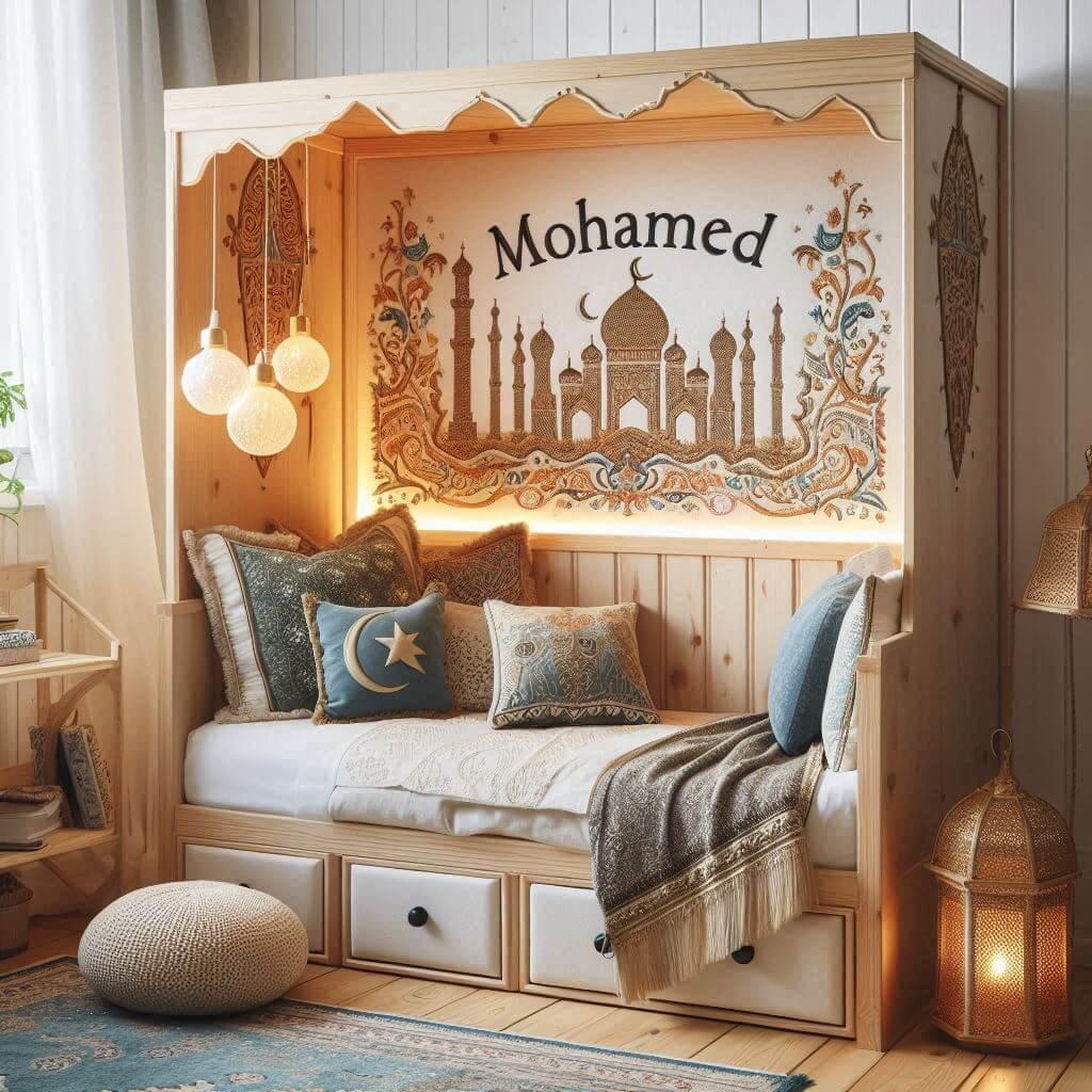 Une chambre de enfant avec le prenom mohamed brode sur le coussin avec un lit cabane sur le theme oriental 2 1