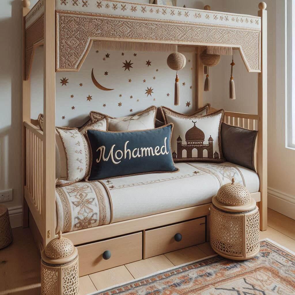 Une chambre de enfant avec le prenom mohamed brode sur le coussin avec un lit cabane sur le theme oriental moderne 1