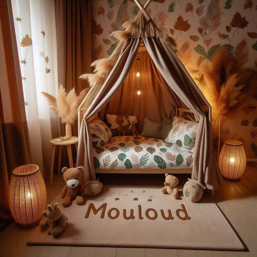 Une chambre de enfant avec le prenom mouloud brode sur le coussin avec un lit cabane sur le theme de la foret les draps et les rideaux sont des motifs de feuilles de faon lampe en