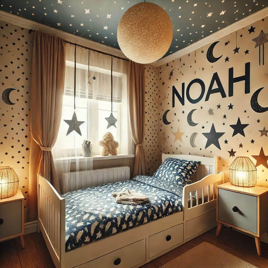 Une chambre de enfant avec le prenom noah avec un lit simple sur le theme du ciel etoile les draps et les rideaux sont des motifs detoiles et de lunes il y a des lampes en forme de