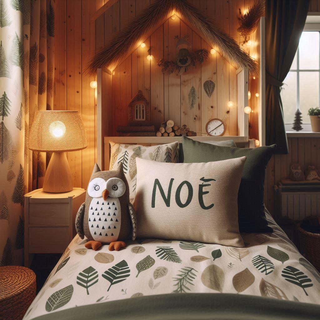 Une chambre de enfant avec le prenom noe ecrit sur le coussin avec un lit cabane sur le theme de la foret les draps et les rideaux sont des motifs de feuilles de hibou lampe en rot