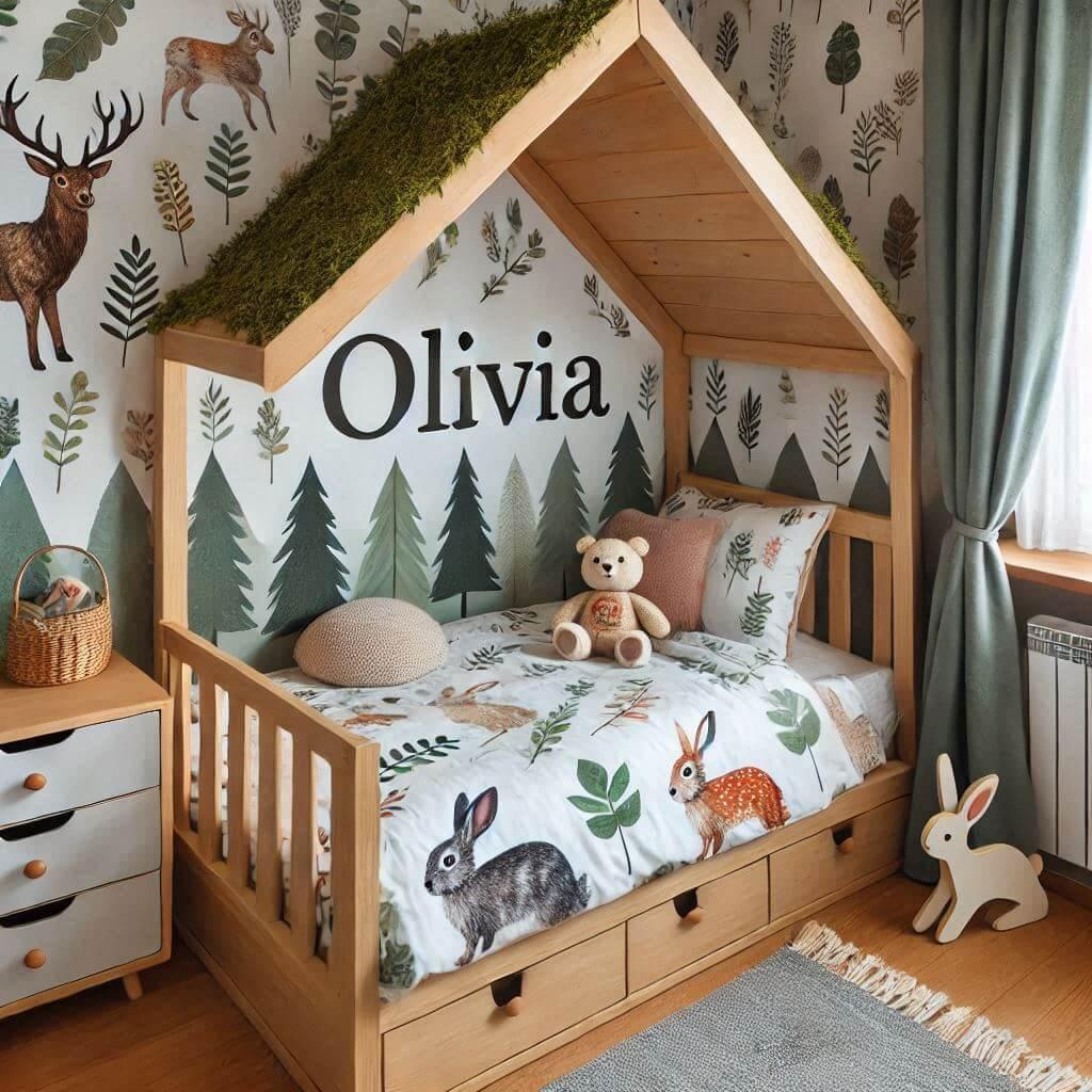 Une chambre de enfant avec le prenom olivia avec un lit cabane sur le theme de la foret les draps et les rideaux sont des motifs de feuilles de cerf de lapin