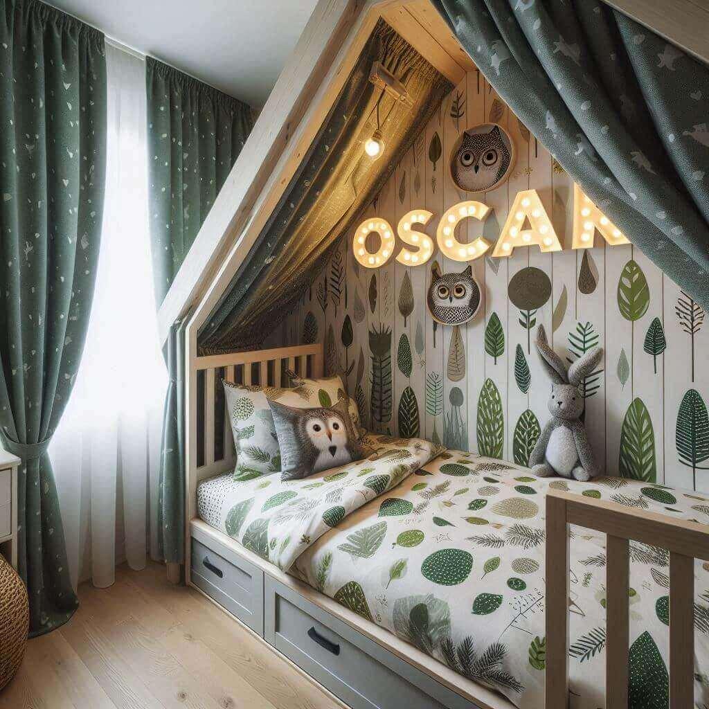 Une chambre de enfant avec le prenom oscar avec un lit cabane sur le theme de la foret