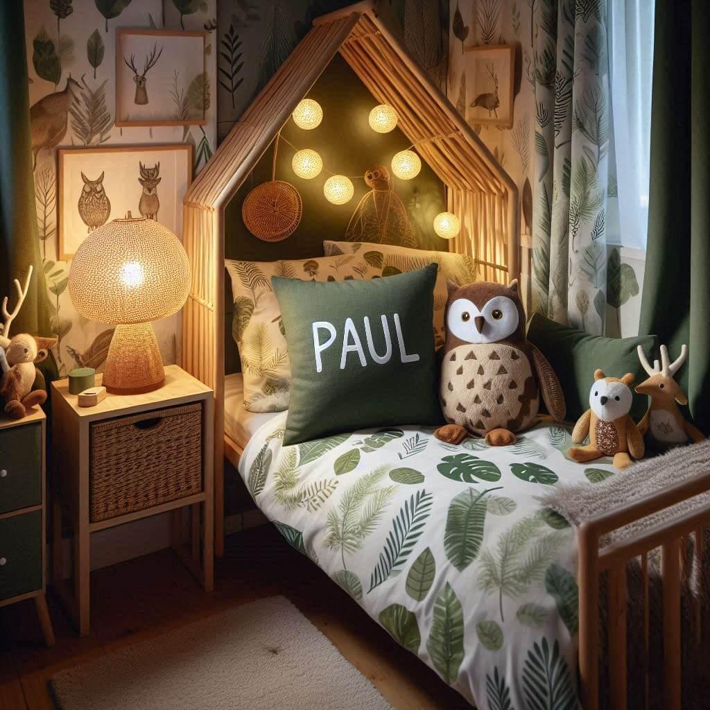 Une chambre de enfant avec le prenom paul ecrit sur le coussin avec un lit cabane sur le theme de la foret les draps et les rideaux sont des motifs de feuilles de hibou lampe en ro