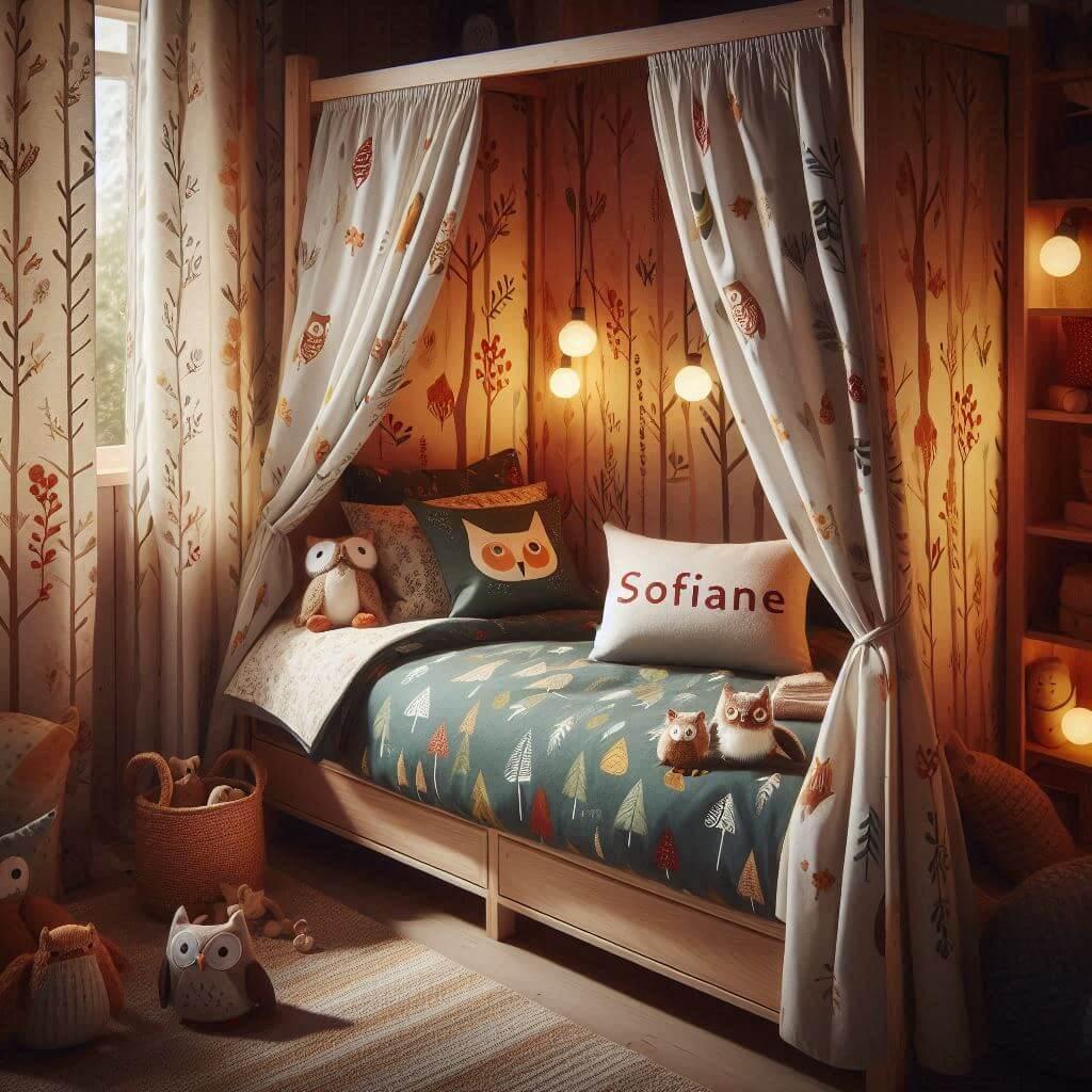 Une chambre de enfant avec le prenom sofiane ecrit sur le coussin avec un lit cabane sur le theme de la foret les draps et les rideaux sont des motifs de feuilles de hibou lampe en