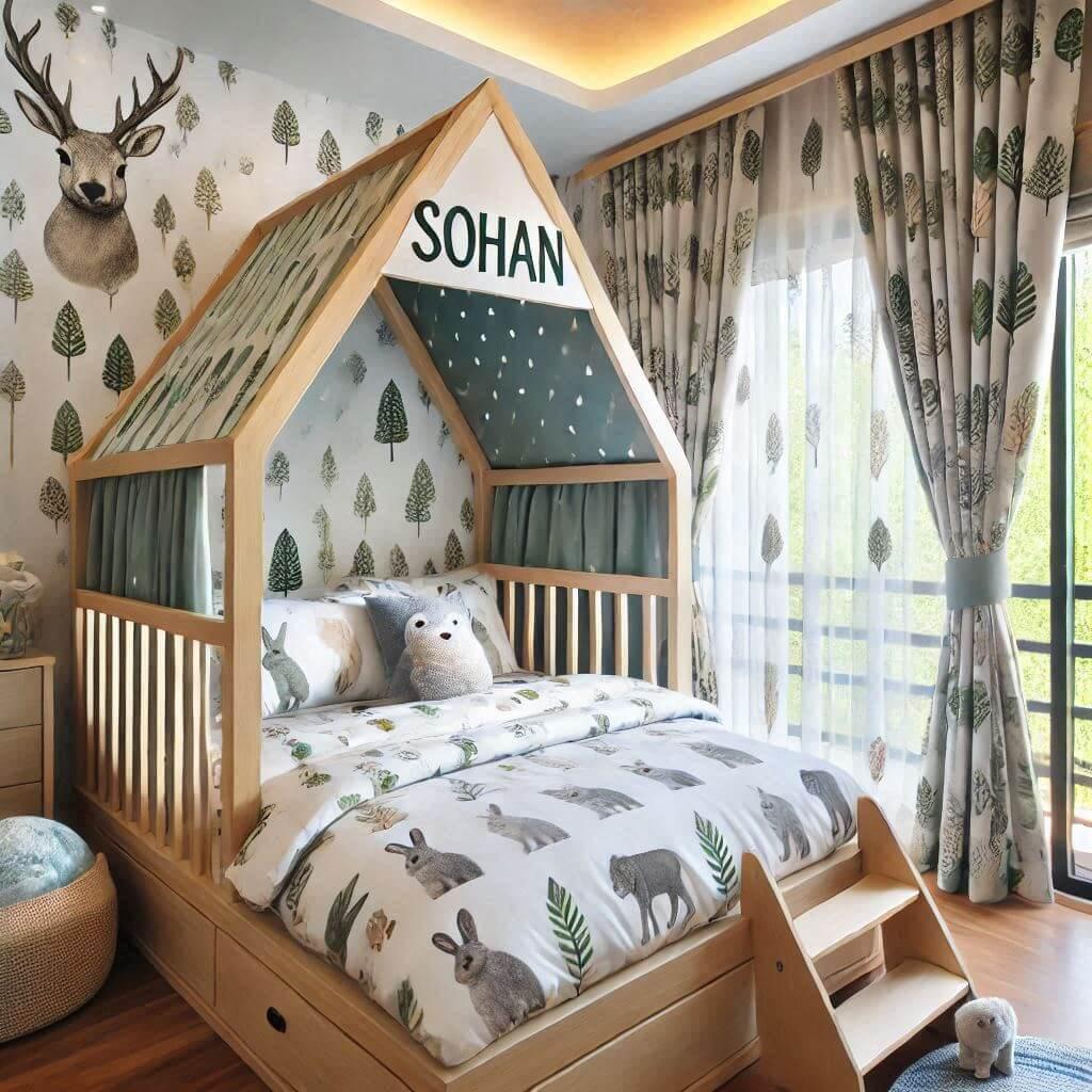 Une chambre de enfant avec le prenom sohan avec un lit cabane sur le theme de la foret les draps et les rideaux sont des motifs de feuilles de cerf de lapin